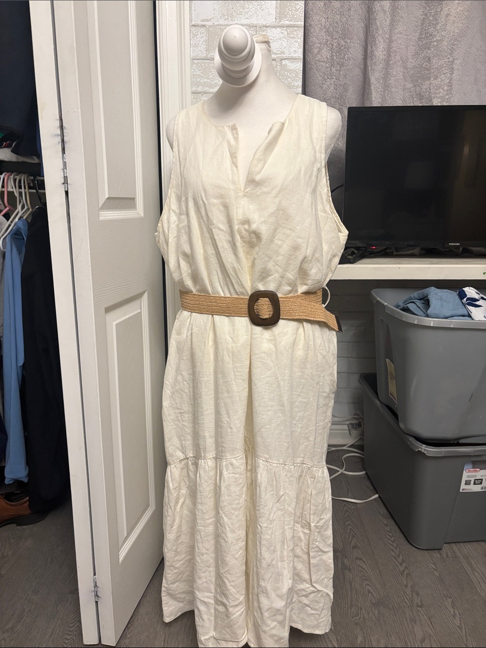 Sleeveless Cream Maxi Dress with Woven Tan Belt